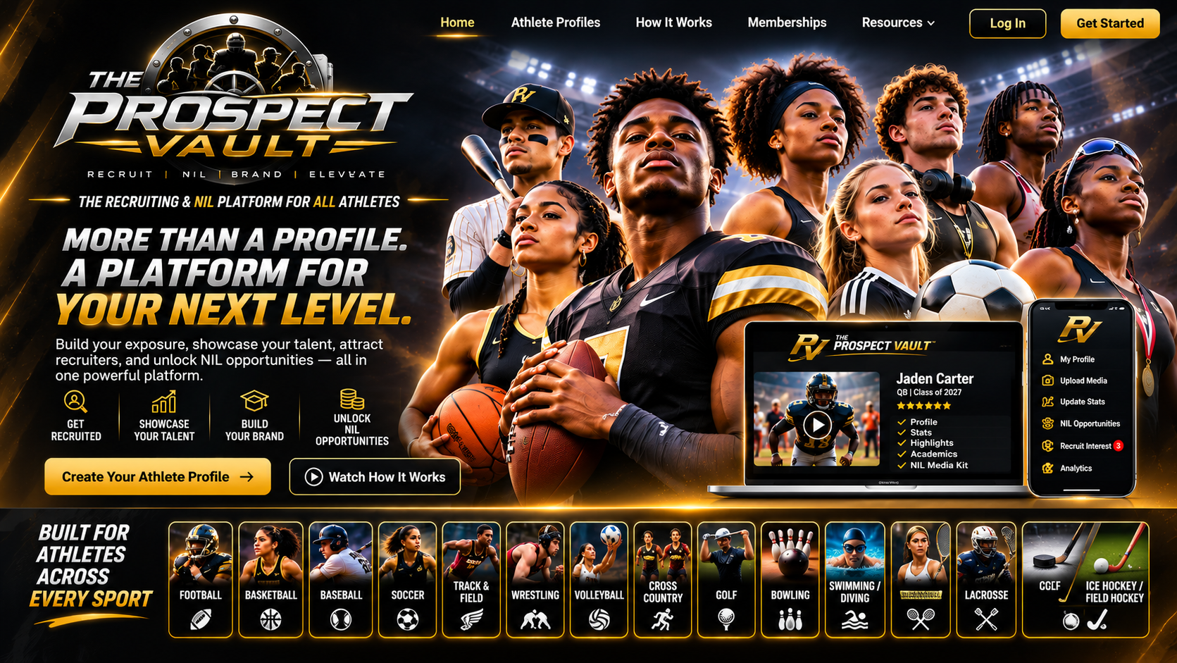 The Prospect Vault sports platform concept showing a diverse group of athletes, recruiting and NIL features, and a multi-sport showcase